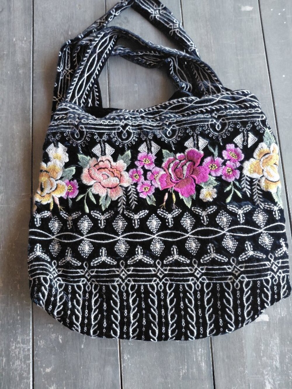 Johnny Was Black velvet embroidered floral tote
